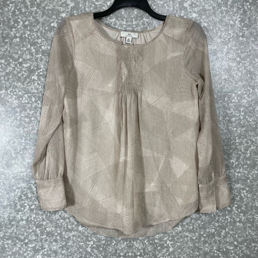 H Halston Women's Tan & Gold Metallic Glam Blouse - Size Small - Smocked Front